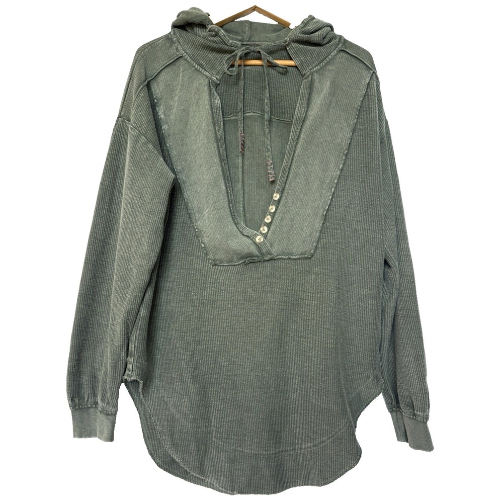 Pilcro Anthropologie Surplice Oversized Ribbed Pullover Top Size S Hooded Olive